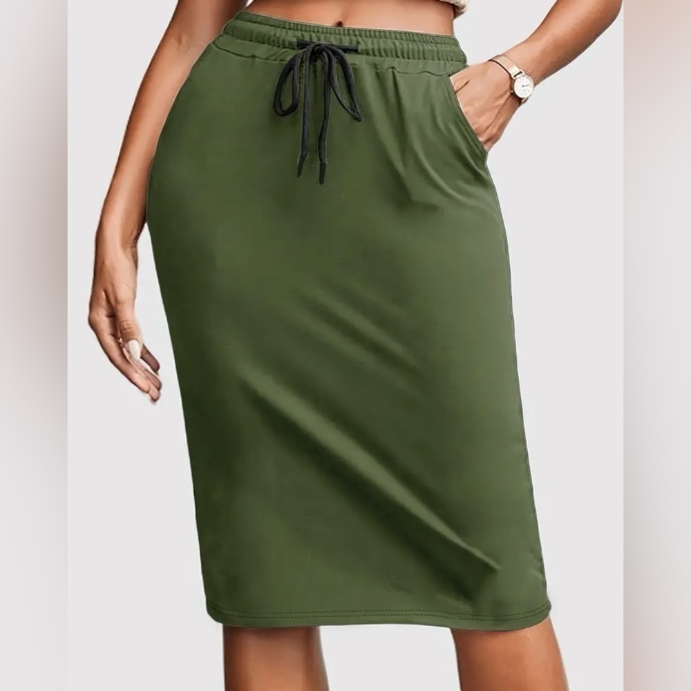 NEW - Drawstring Waist Casual Knee Length Skirt With Pockets